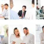 Collage with 6 pictures of happy customers in conversation